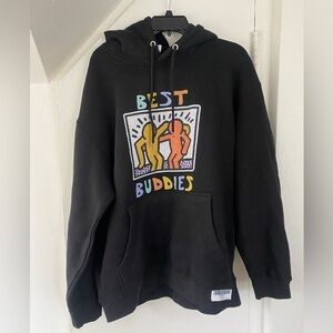 Keith Haring Best Buddies Black Graphic Hoodie Kangaroo Pocket Unisex XL